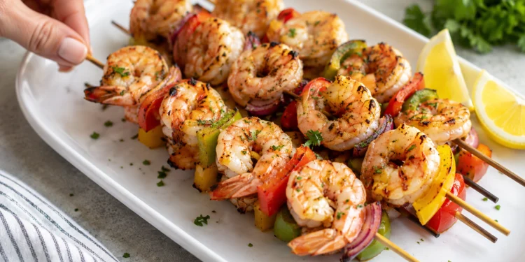 Grilled shrimp kabobs with colorful bell peppers on skewers, served on a white plate