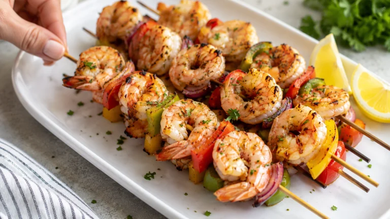 Grilled shrimp kabobs with colorful bell peppers on skewers, served on a white plate
