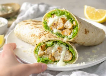 Grilled chicken Caesar wraps sliced in half and stacked, filled with romaine, parmesan, and creamy Caesar dressing.
