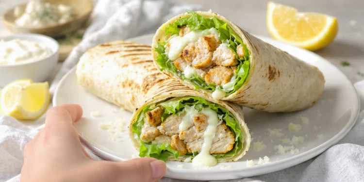 Grilled chicken Caesar wraps sliced in half and stacked, filled with romaine, parmesan, and creamy Caesar dressing.