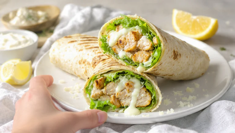 Grilled chicken Caesar wraps sliced in half and stacked, filled with romaine, parmesan, and creamy Caesar dressing.