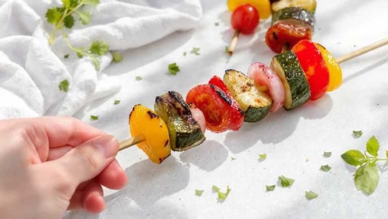 Grilled veggie kabobs with bell peppers, zucchini, and mushrooms on skewers — easy summer vegetable recipe
