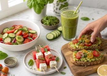 Healthy summer recipes under 30 minutes with salad, avocado toast, fruit skewers, and green smoothie on marble.
