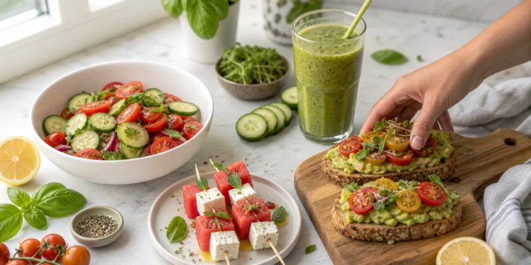 Healthy summer recipes under 30 minutes with salad, avocado toast, fruit skewers, and green smoothie on marble.