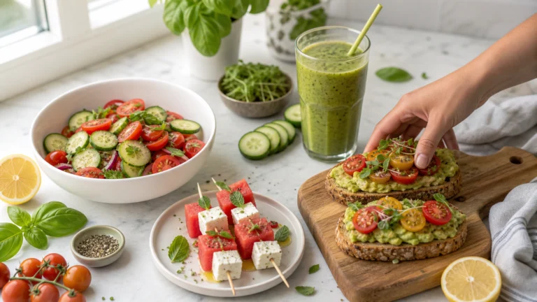 Healthy summer recipes under 30 minutes with salad, avocado toast, fruit skewers, and green smoothie on marble.