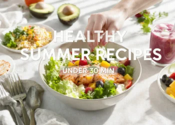 Colorful healthy summer recipes arranged on a table, fresh ingredients, quick meals ready in under 30 minutes