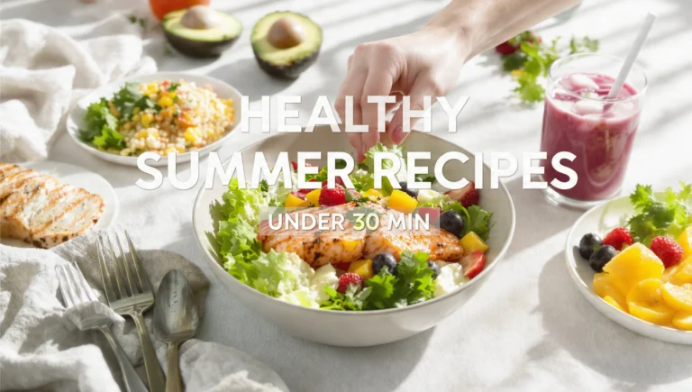 Colorful healthy summer recipes arranged on a table, fresh ingredients, quick meals ready in under 30 minutes