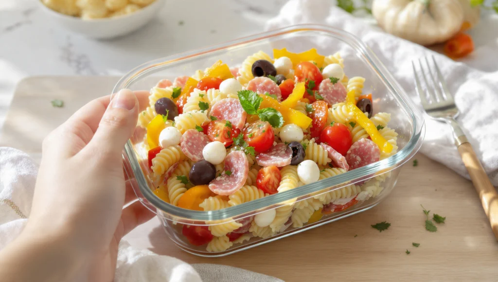 easy summer meal prep—cold Italian pasta salad in a container