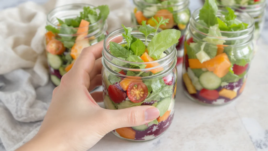 easy summer meal prep—mason jar salads with bright veggies