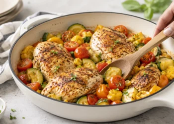 One pan summer chicken dinner with roasted vegetables and herbs in a cast iron skillet