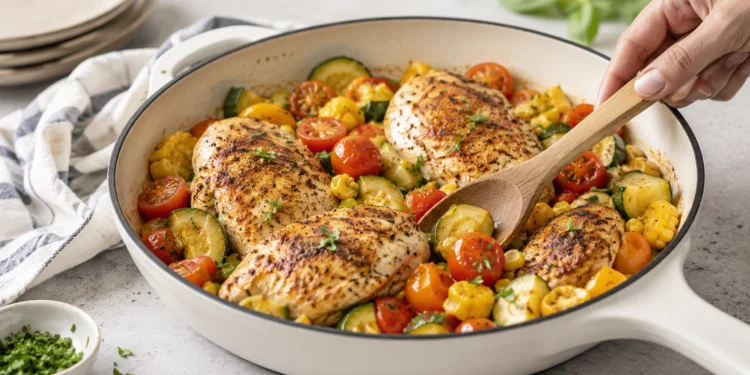 One pan summer chicken dinner with roasted vegetables and herbs in a cast iron skillet