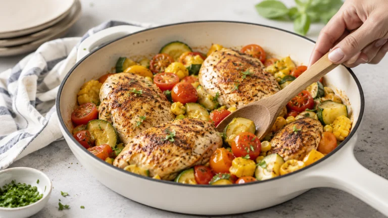 One pan summer chicken dinner with roasted vegetables and herbs in a cast iron skillet