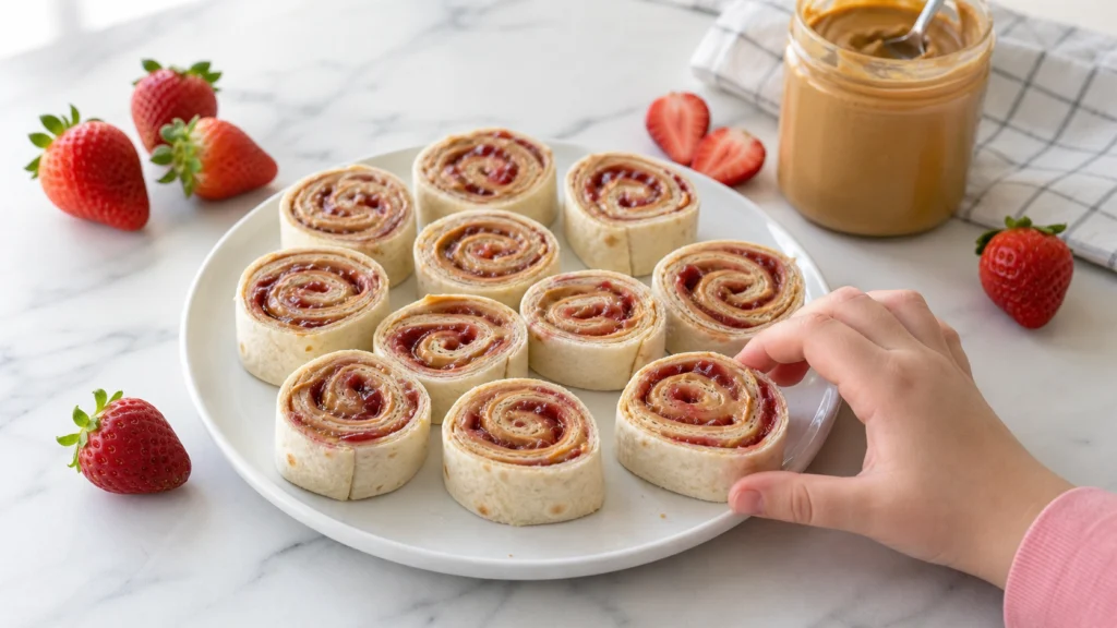 PB&J pinwheel wraps sliced into rounds with peanut butter and strawberry jam, perfect quick beach snack for kids.