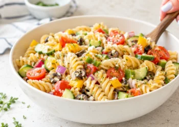 Quick cold pasta salad with rotini, cherry tomatoes, olives, and Italian dressing in a white bowl
