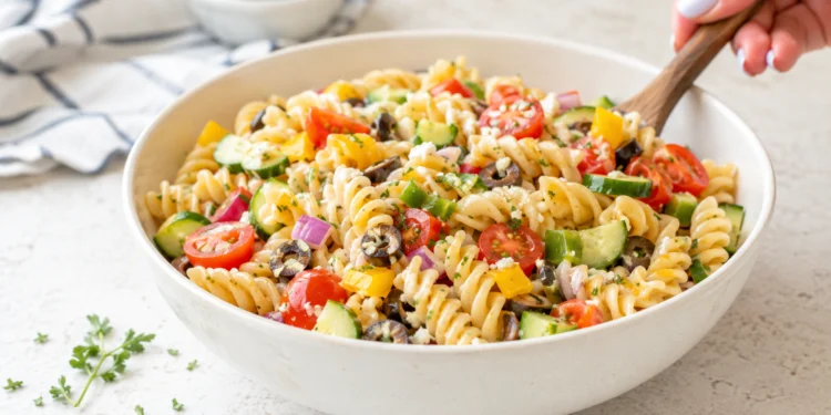 Quick cold pasta salad with rotini, cherry tomatoes, olives, and Italian dressing in a white bowl