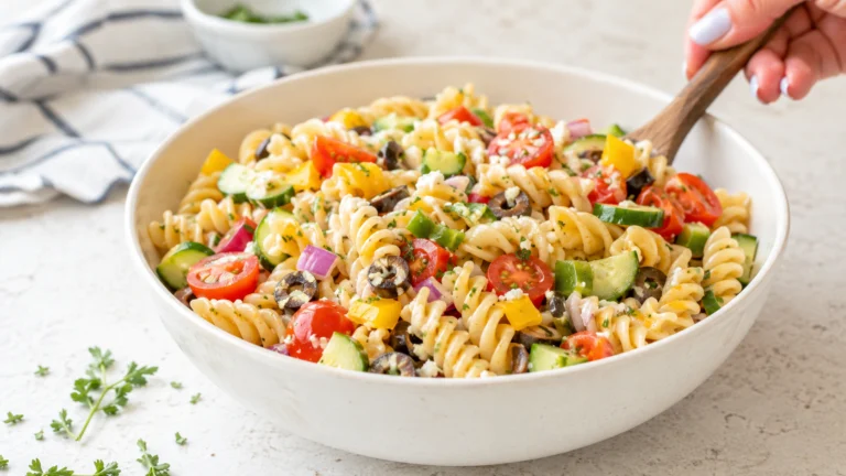 Quick cold pasta salad with rotini, cherry tomatoes, olives, and Italian dressing in a white bowl
