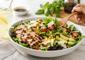 Quick summer salad with fresh greens, tomatoes, and cucumber for a light healthy dinner
