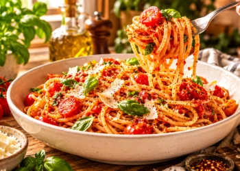 Quick tomato basil pasta with fresh tomatoes and herbs, easy Italian pasta recipe ready in minutes