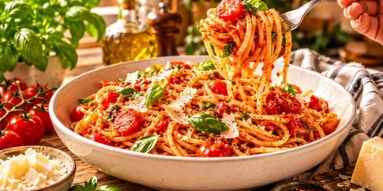 Quick tomato basil pasta with fresh tomatoes and herbs, easy Italian pasta recipe ready in minutes