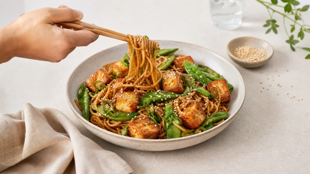 Sesame Ginger Noodles with Crispy Tofu & Snap Peas