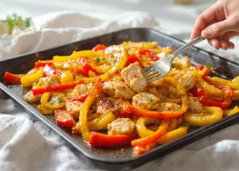 Sheet pan chicken fajitas with roasted chicken strips, bell peppers, and onions.