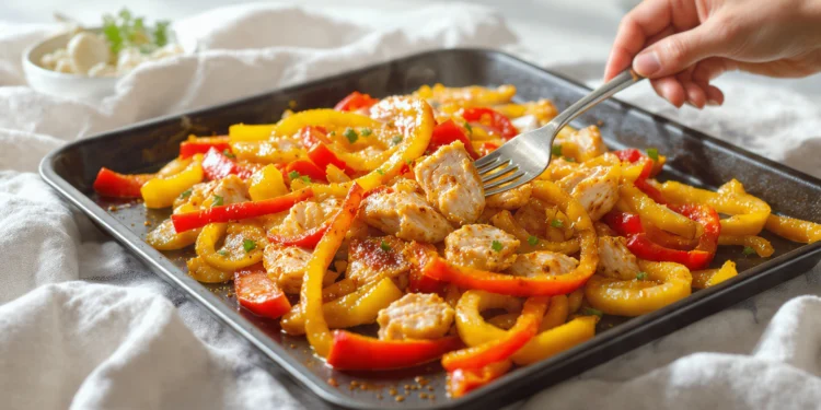 Sheet pan chicken fajitas with roasted chicken strips, bell peppers, and onions.