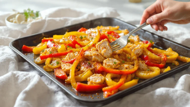 Sheet pan chicken fajitas with roasted chicken strips, bell peppers, and onions.