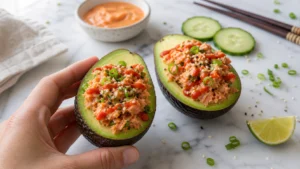 Spicy tuna stuffed avocados with sriracha mayo, scallions, sesame seeds, and lime — easy healthy summer recipe.