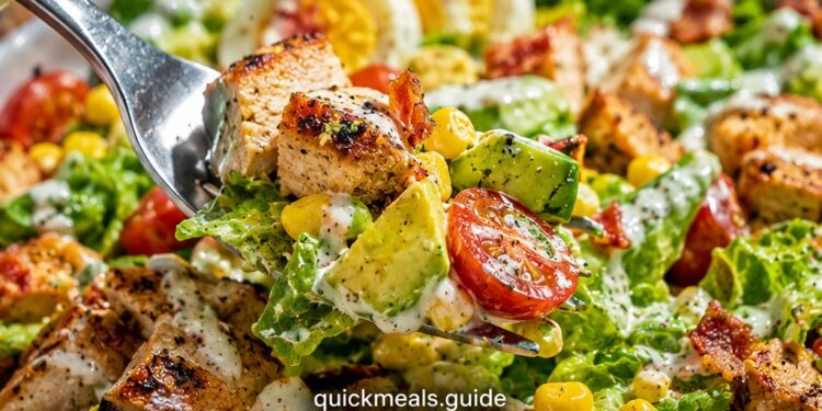 Summer chicken salad with grilled chicken, mixed greens, cherry tomatoes, and cucumber in a white bowl on a neutral background.