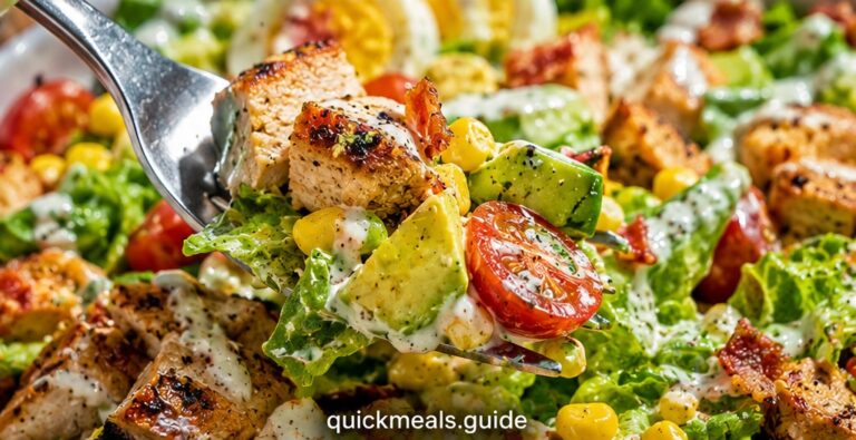 Summer chicken salad with grilled chicken, mixed greens, cherry tomatoes, and cucumber in a white bowl on a neutral background.