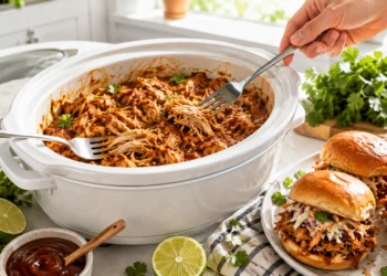 Slow cooker summer chicken recipe with vegetables, easy crockpot meal, juicy shredded chicken dish