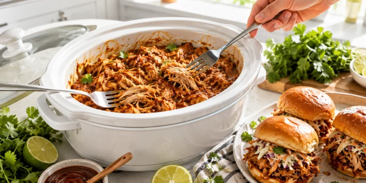 Slow cooker summer chicken recipe with vegetables, easy crockpot meal, juicy shredded chicken dish