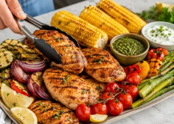 Beginner summer grilling recipes with burgers, corn, and veggies on a backyard grill