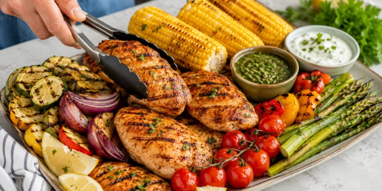 Beginner summer grilling recipes with burgers, corn, and veggies on a backyard grill
