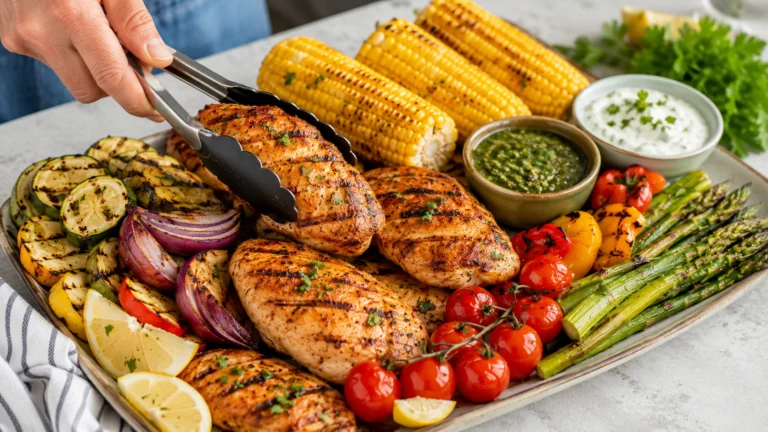 Beginner summer grilling recipes with burgers, corn, and veggies on a backyard grill
