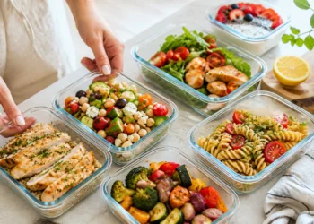 Summer meal prep containers with grilled chicken, pasta salad, vegetables and fresh greens on a bright kitchen surface.