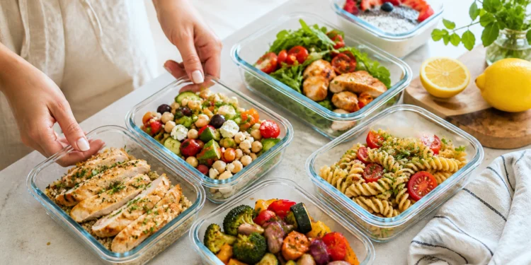 Summer meal prep containers with grilled chicken, pasta salad, vegetables and fresh greens on a bright kitchen surface.