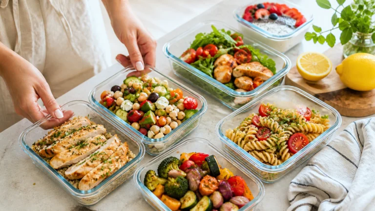 Summer meal prep containers with grilled chicken, pasta salad, vegetables and fresh greens on a bright kitchen surface.