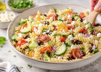 Summer pasta salad with feta cheese, cherry tomatoes, cucumber, and olives in a light lemon vinaigrette