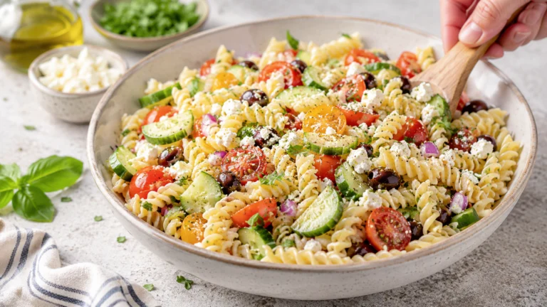 Summer pasta salad with feta cheese, cherry tomatoes, cucumber, and olives in a light lemon vinaigrette
