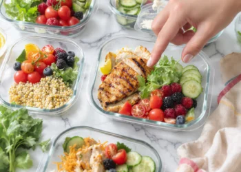 Summer meal prep containers with fresh vegetables, grains, and proteins for busy families — healthy weekly prep