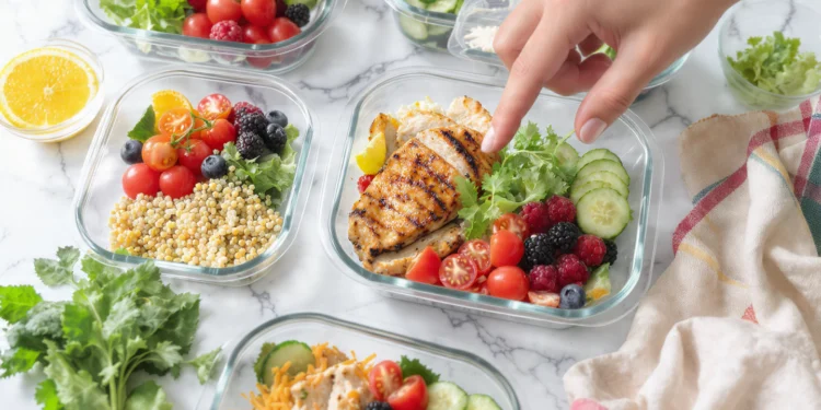 Summer meal prep containers with fresh vegetables, grains, and proteins for busy families — healthy weekly prep