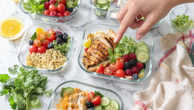 Summer meal prep containers with fresh vegetables, grains, and proteins for busy families — healthy weekly prep