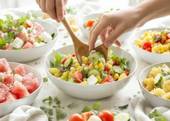 A collection of colorful easy summer salads with fresh vegetables, fruits, and greens in bright ceramic bowls.