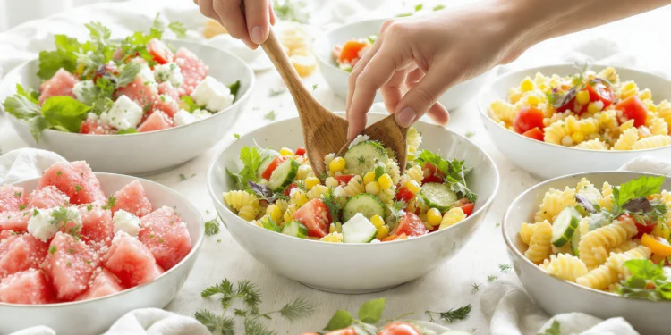 A collection of colorful easy summer salads with fresh vegetables, fruits, and greens in bright ceramic bowls.