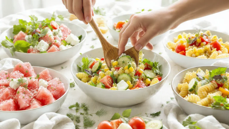 A collection of colorful easy summer salads with fresh vegetables, fruits, and greens in bright ceramic bowls.