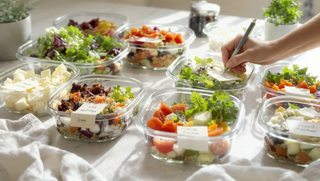 weekly meal prep summer—Sunday prep session with storage containers that are labelled.