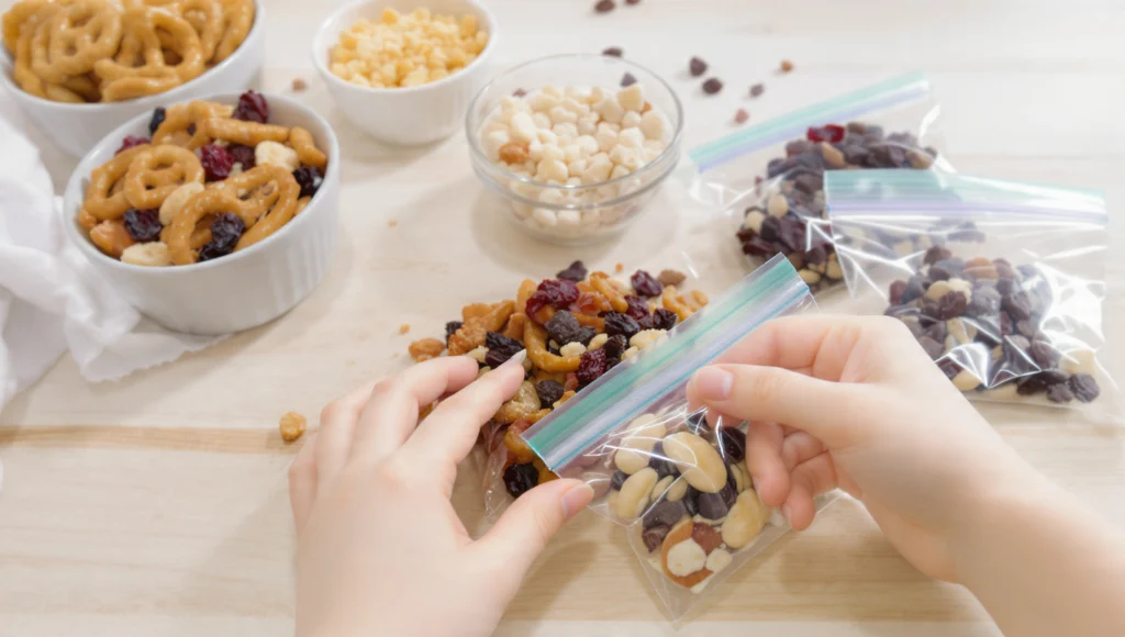 Make your own trail mix bags with nuts, dried cranberries, chocolate chips, and seeds — easy kids beach snack.