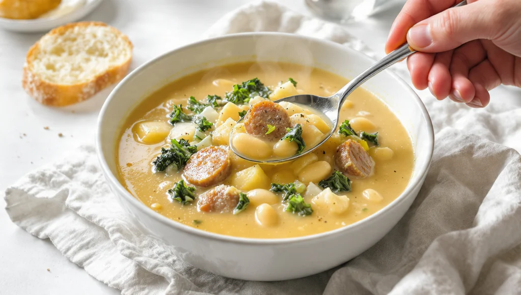 Tuscan white bean and sausage soup in a bowl – hearty Italian slow cooker dinner recipe