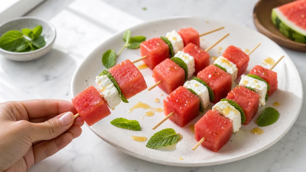 Watermelon feta skewers with fresh mint and honey drizzle — easy summer beach snack for kids and adults.